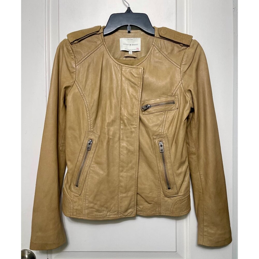 Lucky Brand Tan Leather Moto Jacket W/ Zipper Details Size S - Picture 12 of 12